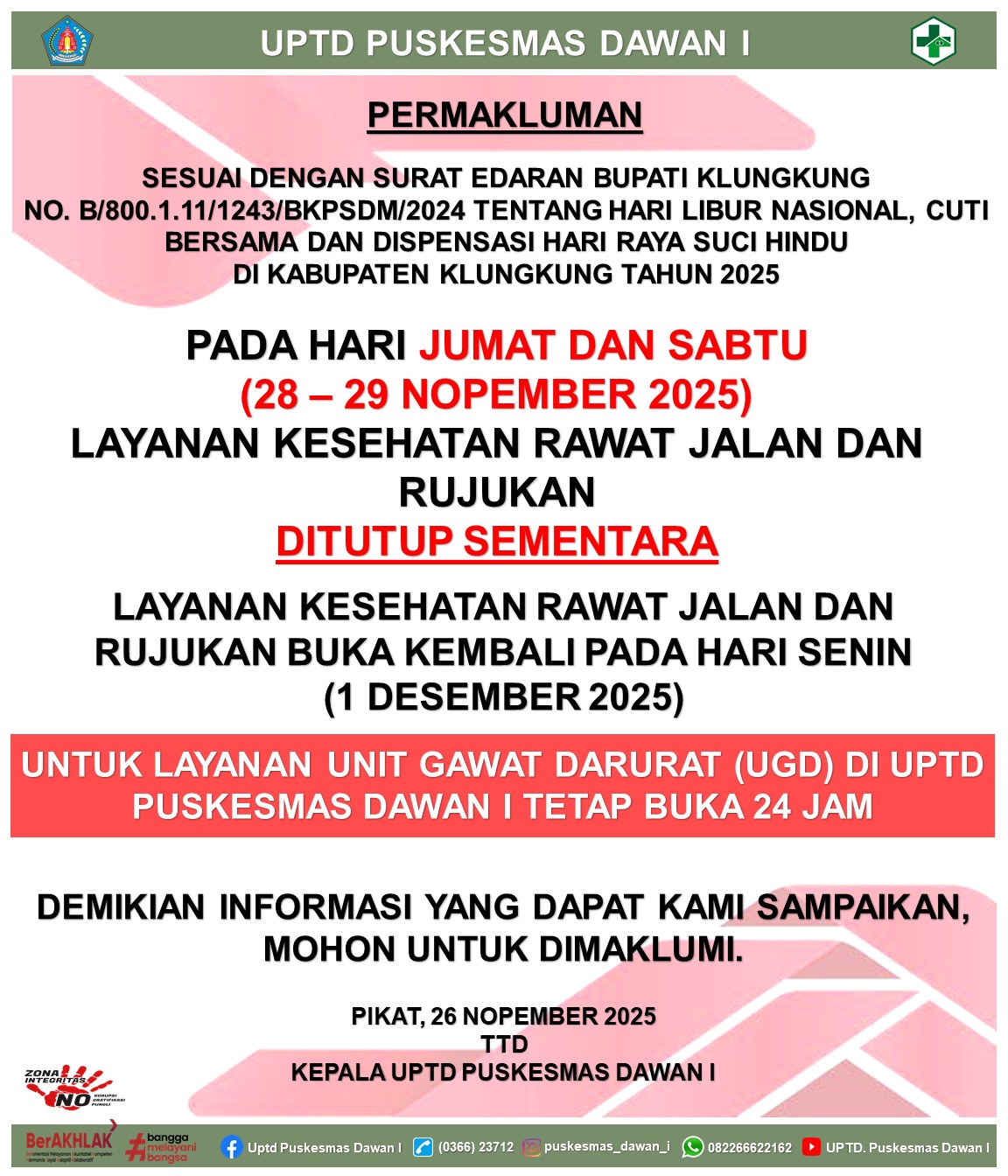 Pengumuman terkait Hari Libur di UPTD Puskesmas Dawan I