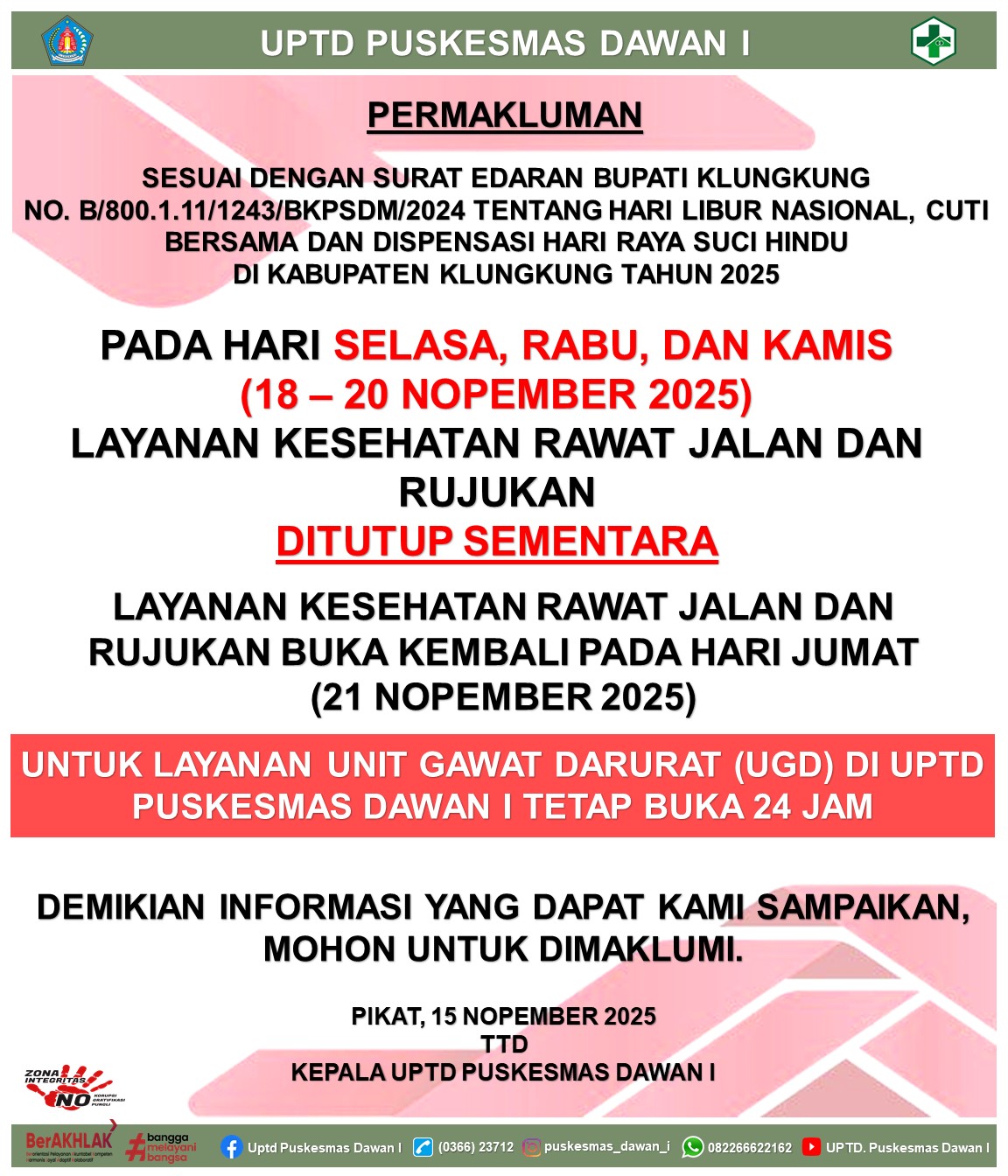 Pengumuman terkait Hari Libur Galungan