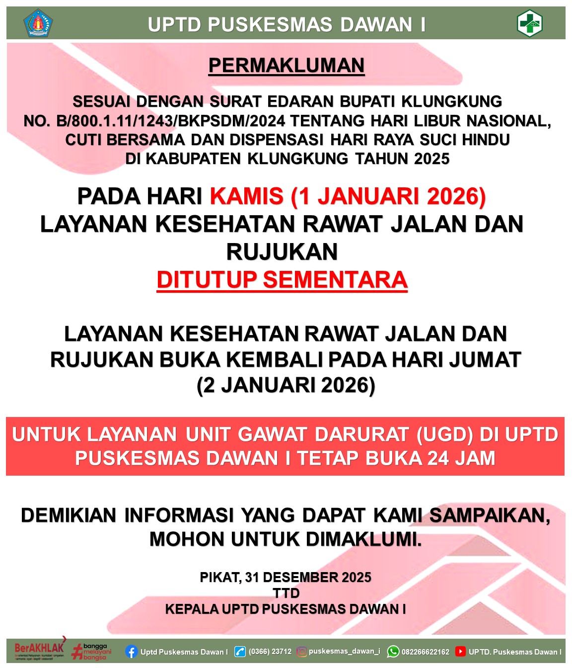 Pengumuman terkait Hari Libur Nasional