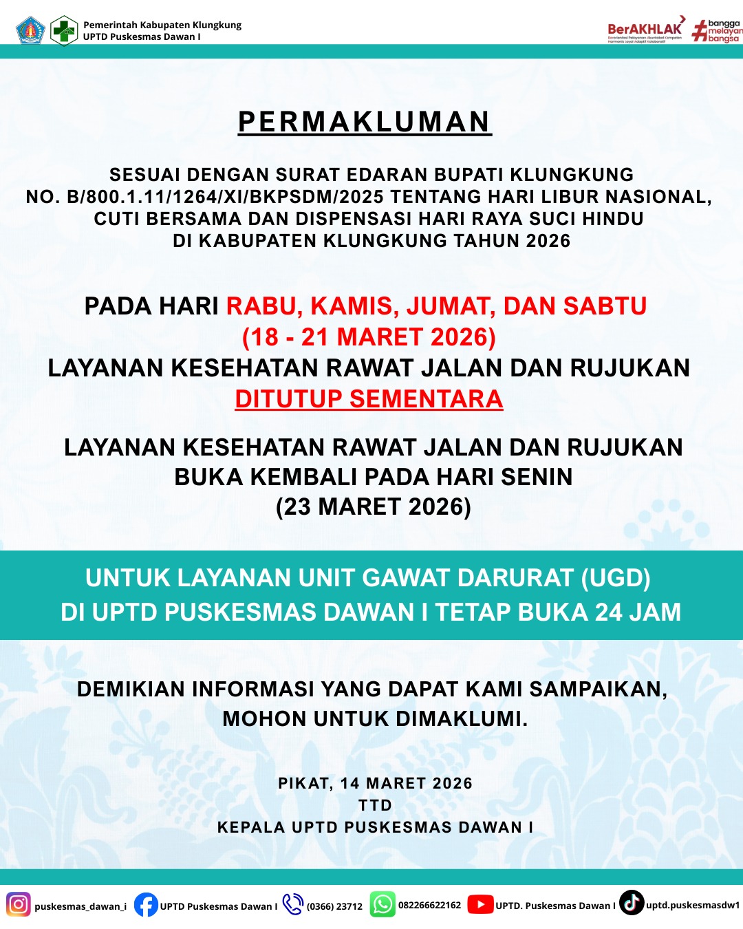 Pengumuman terkait Hari Libur Nasional