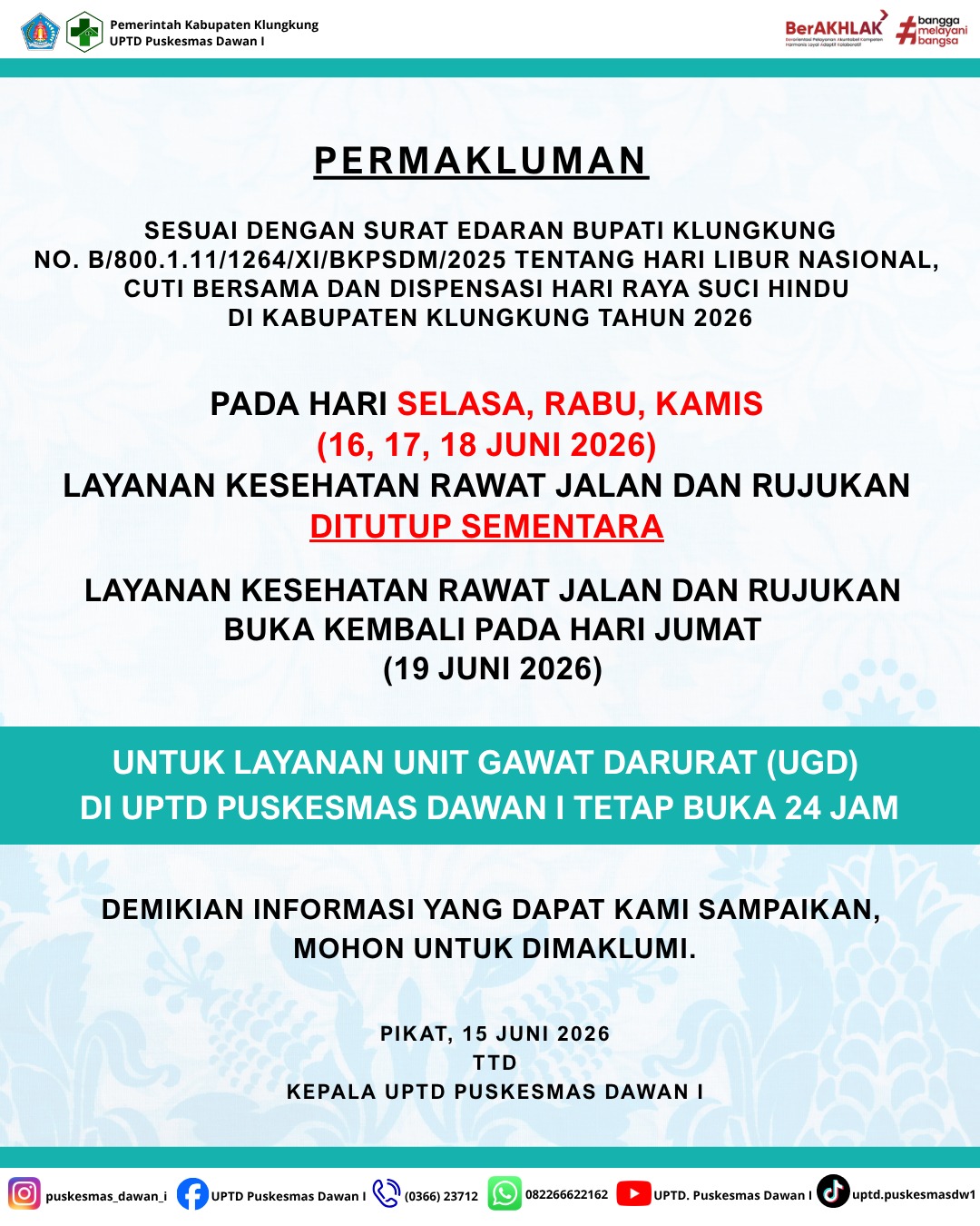Pengumuman Terkait Hari Libur Raya Suci Hindu Tahun 2026