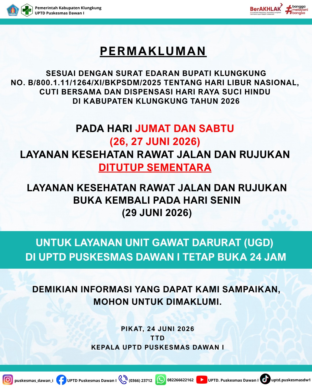 Pengumuman Terkait Hari Libur Raya Suci Hindu Tahun 2026