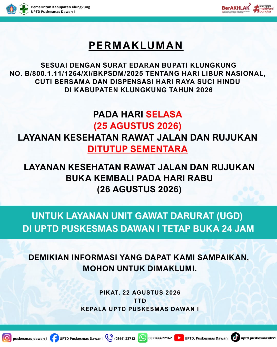 Pengumuman Terkait Hari Libur Nasional Bulan Agustus 2026