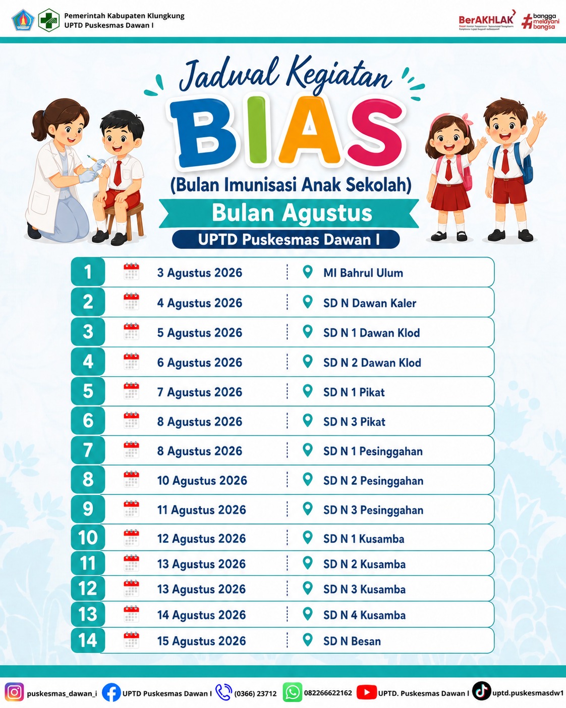 Jadwal Pelaksanaan Bulan Imunisasi Anak Sekolah (BIAS) Bulan Agustus