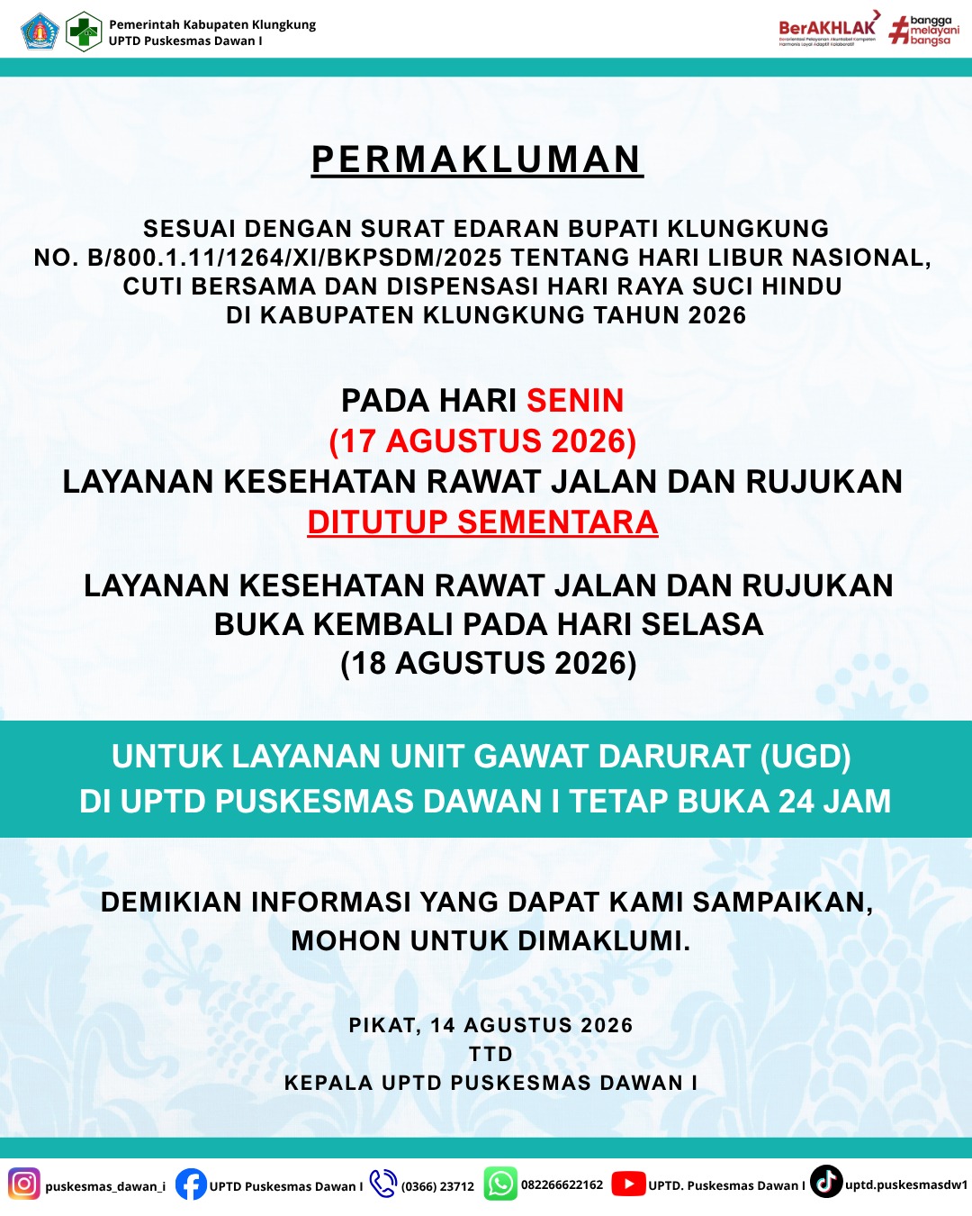 Pengumuman Terkait Hari Libur Bulan Agustus 2026